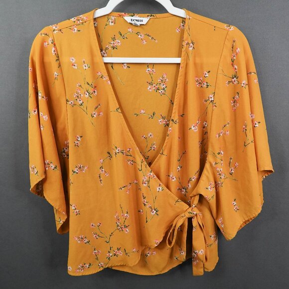 Express Womens Top XS Yellow Floral Sheer Flowy Romantic Coquette Wrap Coastal - Picture 1 of 11